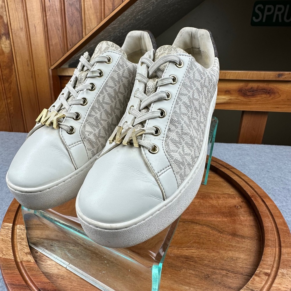 Michael Kors Poppy Platform Sneakers Cream Gold Logo Lace Up Shoes Women 8.5 - Picture 4 of 10